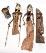 2 Indonesian rod puppets, Wayang Golek, articulated toys with elaborate painted heads, the faces
