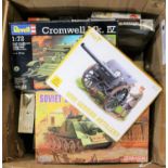 20x unmade military plastic kits by JB Models, Revell, Airfix, Emhar, Hat, etc. In 1:76, 1:72, etc