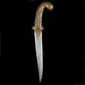 An Indian dagger khanjar. Recurved DE pattern welded blade 23cms gold damascened at forte, iron hilt