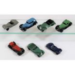 7 Dinky Toys. 36b, Bentley sports car in green. 36e, British Salmson 2-seater sports car in red.