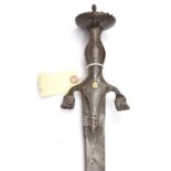 A 19th century Indian sword pulouar, curved multi fullered blade, 30", clipped back at point, iron