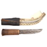 An Eskimo knife, SE blade 5" with hatchet tip (slightly shortened during its working life), horn