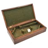 A green baize lined oak case fitted to take a pair of 16" duelling pistols, the depth increased