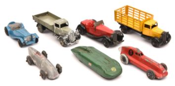 7x Dinky Toys. British Salmson Two-seater Sports Car (36e) in red with black chassis and wheels.