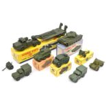 9 Military Dinky Toys. Mighty Antar Tank Transporter (660). Centurion Tank (651). 25-pounder Field