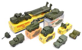 9 Military Dinky Toys. Mighty Antar Tank Transporter (660). Centurion Tank (651). 25-pounder Field