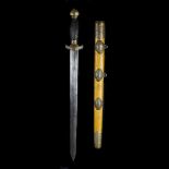 A Chinese sword jian c.1900. Straight DE shallow diamond section blade 41cms, fluted wooden grip,