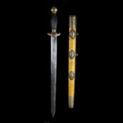 A Chinese sword jian c.1900. Straight DE shallow diamond section blade 41cms, fluted wooden grip,