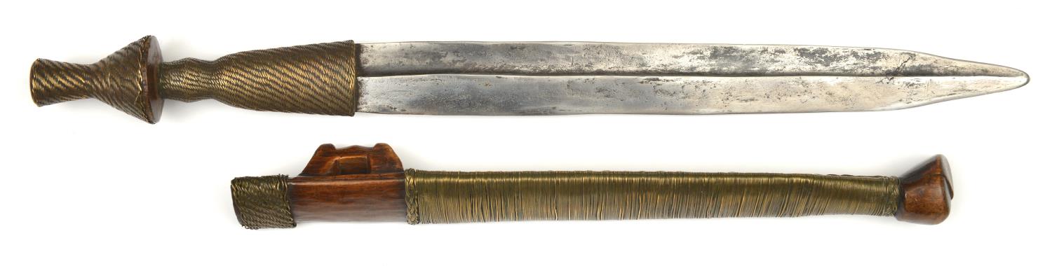 A good African Shona tribal knife bakatwa. c.1900, straight DE blade 29cms with off-set fullers, - Image 2 of 3