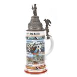 A fine Imperial German Reservists porcelain beer stein, the polychrome decorated body bearing the