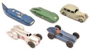 5 Dinky Toys. 23c, Mercedes-Benz Racing Car in blue, RN1. 23d, Auto-Union Racing Car in silver, RN2.