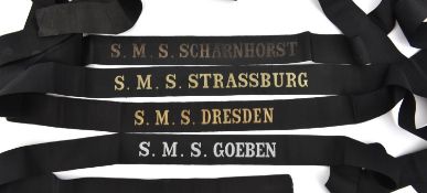 4 Third Reich period naval cap tallies: "S.M.S Scharnhorst" (slightly faded); "S.M.S Strassburg"; "