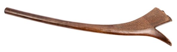 A Fijian hardwood gun stock fighting club, 38" overall, hand carved with raised dots to shoulder 13"