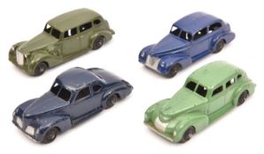 4 Dinky Toys, all 39 series. 39a, Packard in olive green. 39b, Oldsmobile in dark blue. 39e,