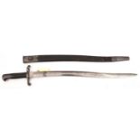 A P1856/58 sword bayonet, 3 studs to grip, no visible markings, in its leather scabbard with steel