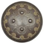 An Indian iron shield dhal. Late 19th century, probably Sialkot, 35.5cms fitted with 4 iron