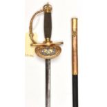 A Geo V courtsword, slender DE blade 31", etched with foliate panels, gilt hilt with turn down shell