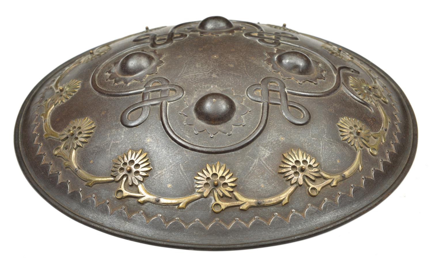 An Indian iron shield dhal. Late 19th century, probably Sialkot, 35.5cms fitted with 4 iron - Image 2 of 3