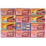 12 Matchbox Superfast/75 series double deck buses. All Daimler Fleetline, adverts - 3x Berger