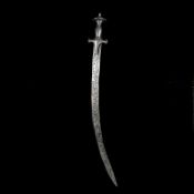 An Indian hunting sword tulwar shikargar. Late 19th century, curved SE blade 69cms chiselled overall