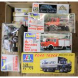 5x 1:24 scale unmade plastic vehicle kits. An Italeri Mercedes Benz Road Truck. 3 x Revell