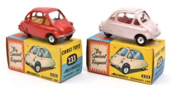 2 Corgi Toys Heinkel Economy Cars (233). An example in pink with red interior and another in red