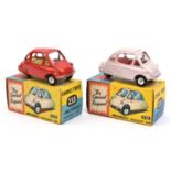 2 Corgi Toys Heinkel Economy Cars (233). An example in pink with red interior and another in red