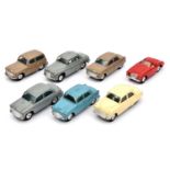 7x Corgi Toys cars. Ford Consul (200) in tan. Austin Cambridge (201) in light blue. Morris Cowley (