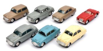 7x Corgi Toys cars. Ford Consul (200) in tan. Austin Cambridge (201) in light blue. Morris Cowley (