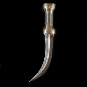An Indian dagger jambiya, mid 19th century. Curved DE wootz blade 21cms with raised central rib,