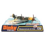 A Dinky Toys Messerschmitt B.f 109E (726). An example in grey/green camouflage and yellow to wing