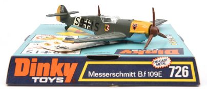 A Dinky Toys Messerschmitt B.f 109E (726). An example in grey/green camouflage and yellow to wing