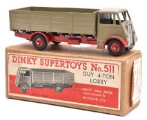 A Dinky Supertoys Guy 4-ton Lorry (511). Example with fawn first type cab and body, and red chassis,