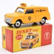 Dinky Toys A.A. Mini Van (274). Example in deep yellow with blue interior, complete with roof sign