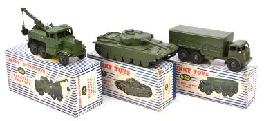 3 Dinky Toys military vehicles. A 10-ton Army Truck (622). A Centurion Tank (651). A Recovery
