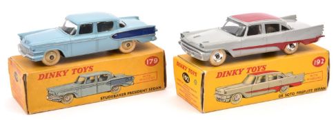 2 Dinky Toys American Cars. Studebaker President Sedan (179) in light blue with dark blue flash with