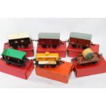 6 Hornby O Gauge Freight Wagons. Tank Wagon, Shell Lubricating Oil, Side Tipping Wagon, McAlpine.