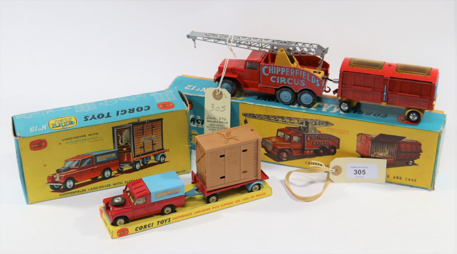 2 Corgi Toys Chipperfield's Gift Sets. No.12 Circus Crane Truck And Cage, with lions. Plus No.19