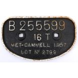 A cast iron Metro-Cammell railway wagon builder's plate. A black painted plate with raised lettering
