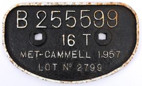 A cast iron Metro-Cammell railway wagon builder's plate. A black painted plate with raised lettering