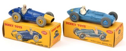 2 Dinky Toys single seat racing cars. Talbot Lago (230) in mid blue with mid blue wheels, RN4.