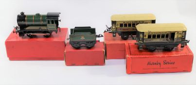 Hornby O Gauge Clockwork Type 51 BR 0-4-0 Tender Locomotive. In orange lined gloss green livery,