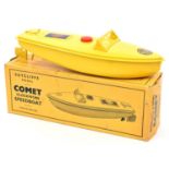 Sutcliffe tinplate clockwork Speed Boat. Named 'COMET' in bright yellow with Comet and Sutcliffe