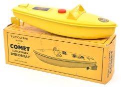 Sutcliffe tinplate clockwork Speed Boat. Named 'COMET' in bright yellow with Comet and Sutcliffe
