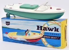Sutcliffe tinplate clockwork Speed Boat. Named 'HAWK' in white and light green, with light green