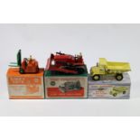 3 Dinky Toys. Blaw Knox Bulldozer (561) in red, example with black tracks. Plus a Euclid Dump