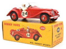 A Dinky Toys M.G. Midget Sports 108. Red body and wheels, tan interior. RN 24. White suited