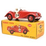 A Dinky Toys M.G. Midget Sports 108. Red body and wheels, tan interior. RN 24. White suited