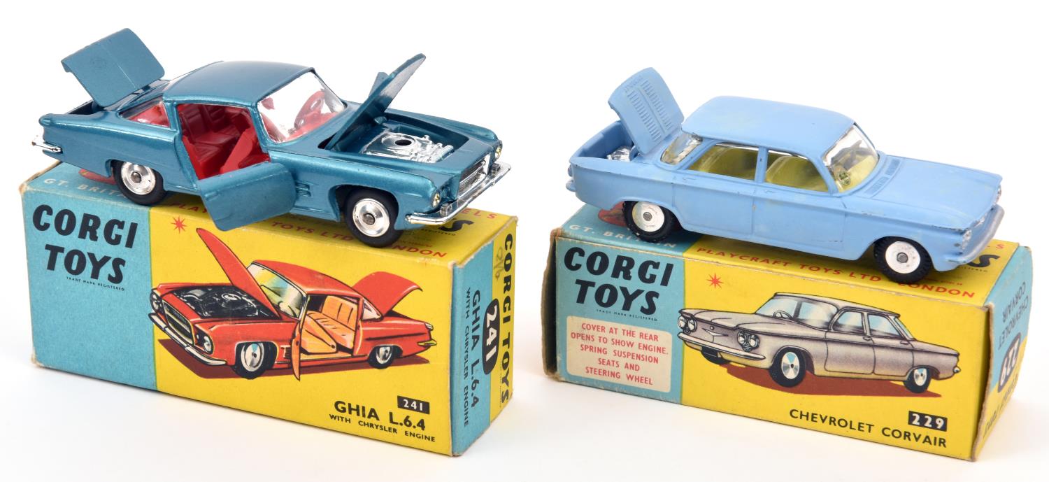 2 Corgi Toys. Ghia L.6.4 (241) in metallic blue with red interior. Plus a Chevrolet Corvair (229) in