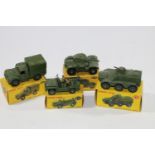 4 Dinky Military Toys. Army 1-Ton Cargo Truck (641). Armoured Car (670), Austin Champ (674) and an